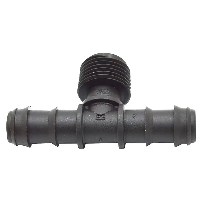 Pieza T Goteo macho 1/2" - 16 mm - Racor en T negro para sistemas de riego, ideal para conectar mangueras en jardines y agricultura, duradero y eficiente.