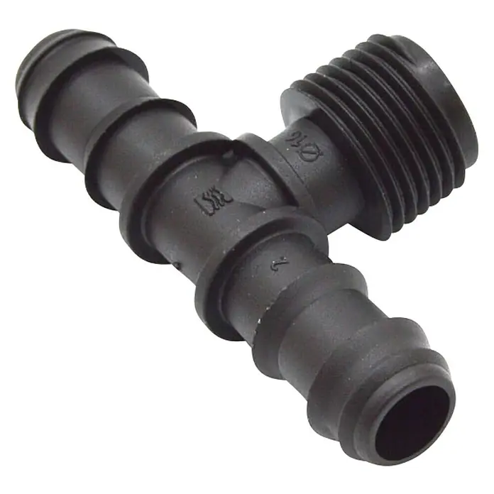 Pieza T Goteo macho 1/2" - 16 mm - En la imagen se muestra un conector de manguera en forma de T de plástico negro para refrigerante.