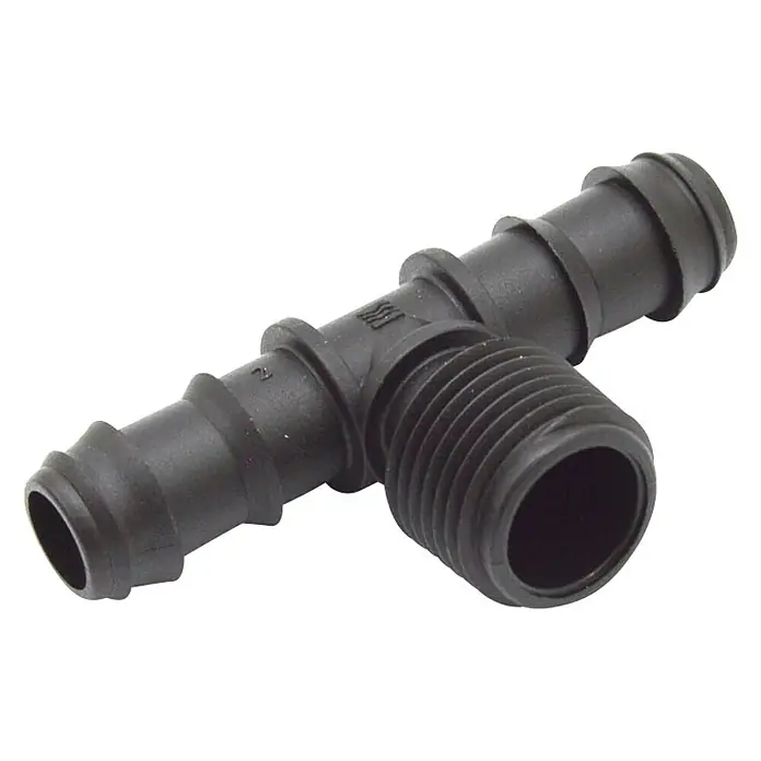Pieza T Goteo macho 1/2" - 16 mm - Conexión en T de plástico negro con conexiones acanaladas y roscadas para diversas aplicaciones de mangueras.