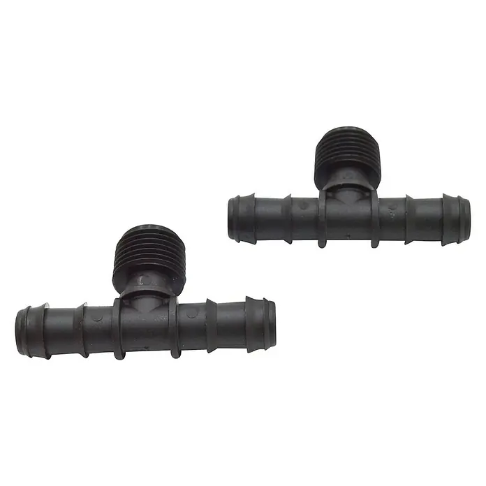 Pieza T Goteo - Rosca exterior: ½″, Plástico, 4 ud. - Dos piezas en T negras para sistemas de riego, ideales para proyectos de jardín y fácil instalación.