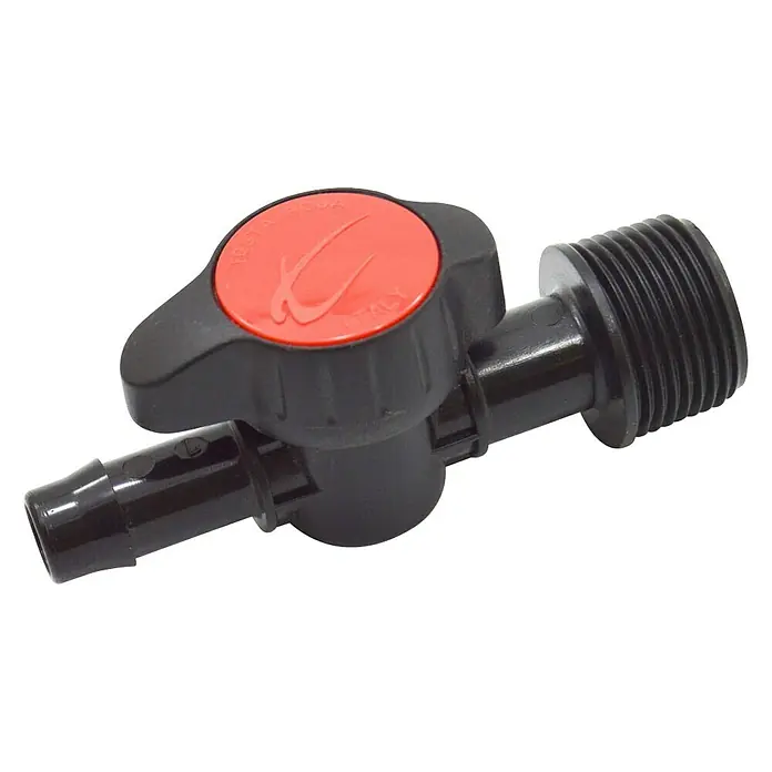 Llave de paso - Dimensión conexión: ¾″, Polipropileno, 1 ud. - Primer plano de un grifo de agua Testarossa negro con mango rojo, ideal para sistemas de riego y acuarios. Construcción robusta para un rendimiento fiable.
