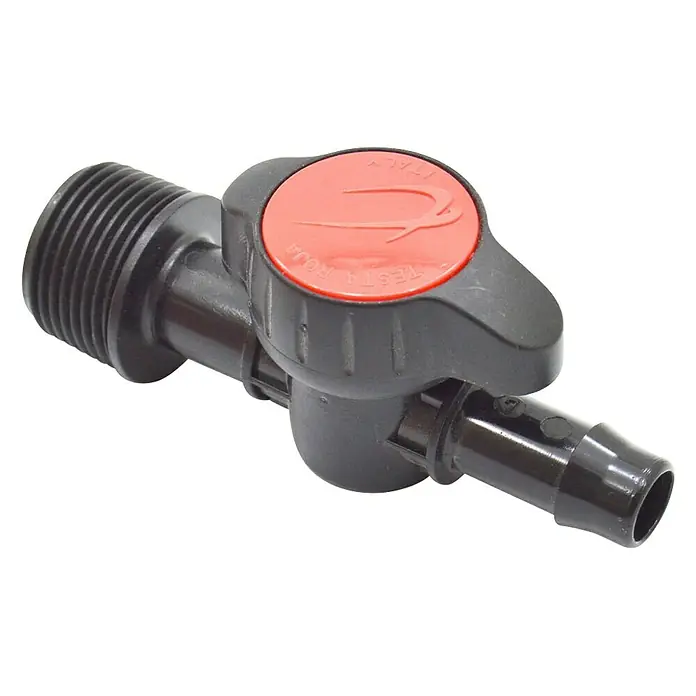 Llave de paso - Dimensión conexión: ¾″, Polipropileno, 1 ud. - Un grifo de agua negro Testa Roja con mango rojo, ideal para un control preciso del agua en sistemas de riego.