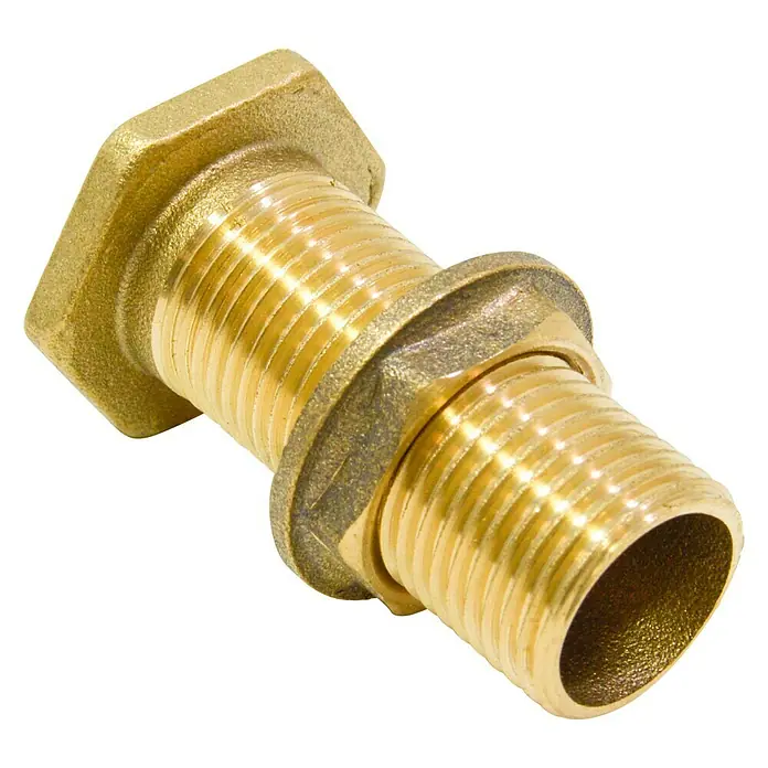 Conexión para depósito - Latón, Dimensión conexión: ½″ - Primer plano de un accesorio de tanque de latón con roscas, adecuado para aplicaciones de plomería.