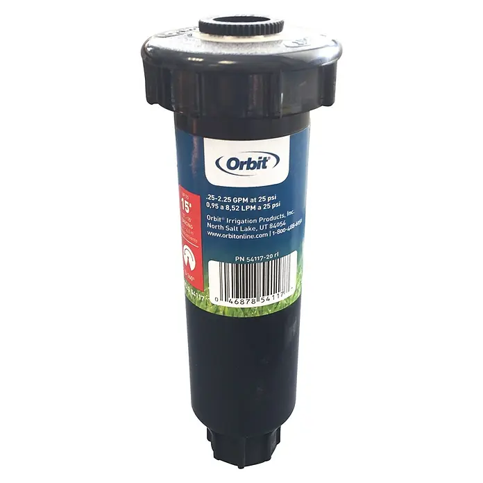 Orbit Aspersor oscilante Regulable - Altura: 10 cm, Polipropileno, Sector de riego por aspersión: 0 ° - 360 ° - Primer plano de un aspersor Orbit, reconocido por su eficiencia de riego y durabilidad. Ideal para cualquier jardín.