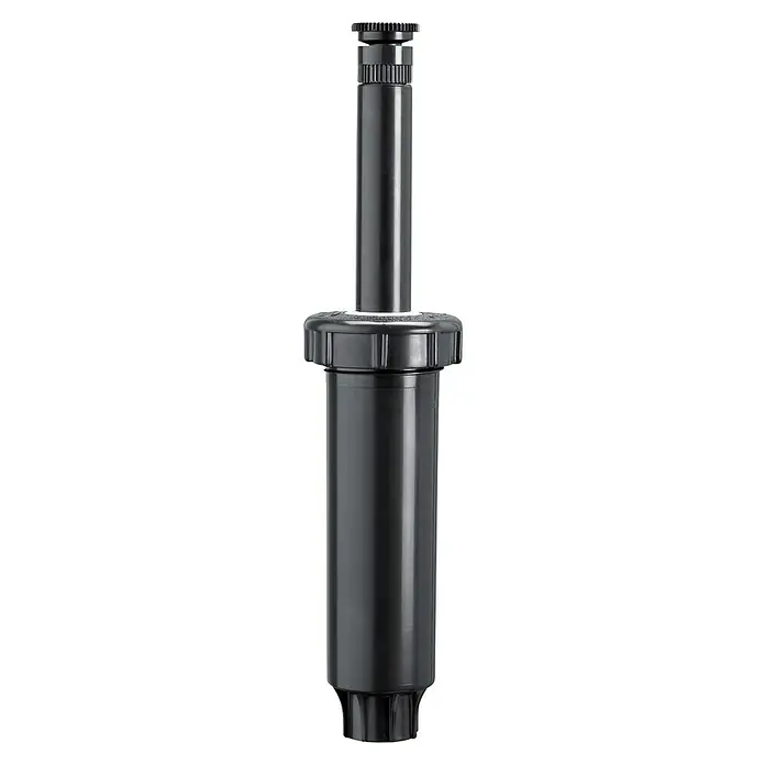 Orbit Aspersor oscilante Regulable - Altura: 10 cm, Polipropileno, Sector de riego por aspersión: 0 ° - 360 ° - Primer plano de un aspersor de césped emergente en negro. Ideal para irrigar jardines y céspedes.