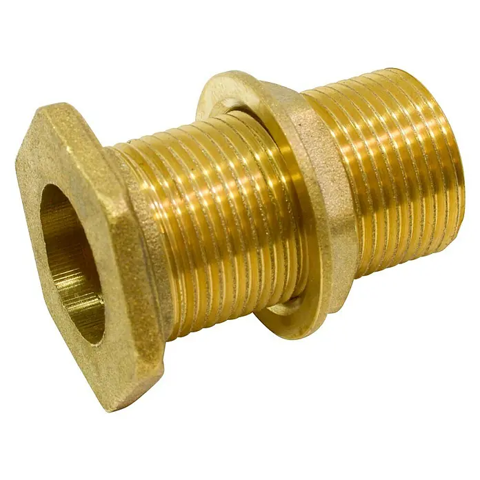 Conexión para depósito - Latón, Dimensión conexión: ¾″ - Primer plano de un accesorio pasacascos dorado con rosca y brida sobre fondo negro. Ideal para aplicaciones de fontanería e instalación.