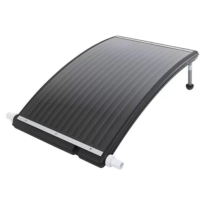 Steinbach Solarkollektor Exclusive - Durchflussmenge: 10.000 l/h, Fassungsvermögen: 15 l - Schwarzer, gebogener Solar-Poolheizer mit gerippter Oberfläche, weißen Rohrverbindungen und einem grauen Standfuß.