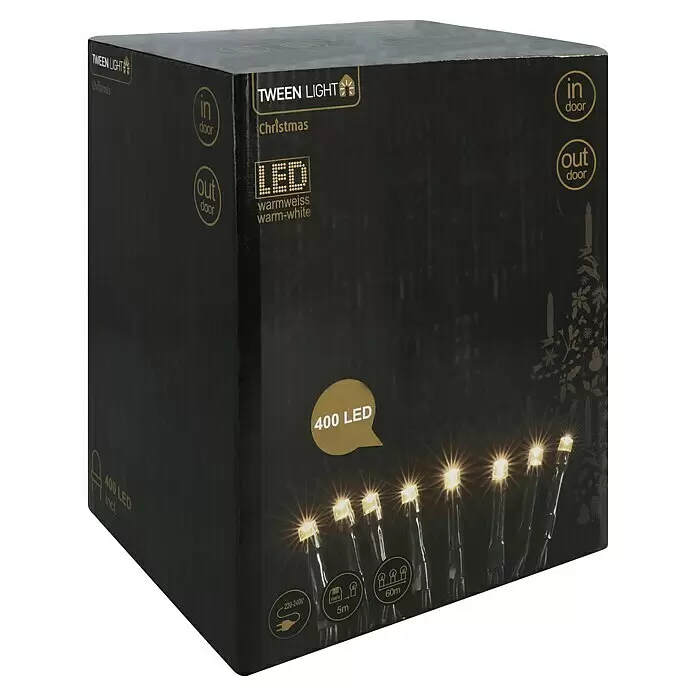 Tween Light LED-Lichterkette - Außen, Lichtfarbe: Warmweiß, Anzahl Leuchtmittel: 400 Stk., Netzbetrieben, 65 m - Schwarze Schachtel Tween Light 400 warmweiße LED-Weihnachtslichterkette, für Innen- und Außenbereich, 60m lang.