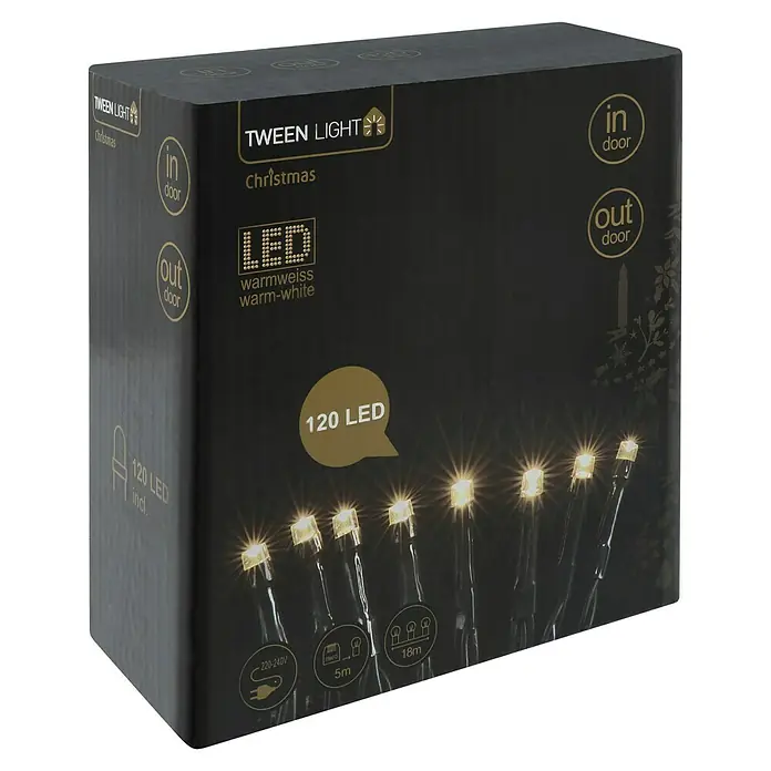 Tween Light Guirnalda luminosa LED - Para exterior, Color de luz: Blanco cálido, Número de bombillas: 120 ud., Funcionamiento en red, 23 m - Imagen de una serie de luces Tween Light para interiores y exteriores, con 120 LED de color blanco cálido y una longitud de 18 metros.