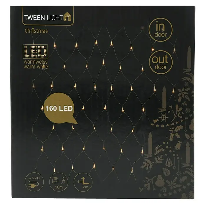 Tween Light LED-Lichtnetz - Außen, 2 m, Lichtfarbe: Warmweiß, Netzbetrieben - Abbildung einer Tween Light Weihnachts-LED-Lichterkette für den Innen- und Außenbereich mit 160 warmweißen LEDs.