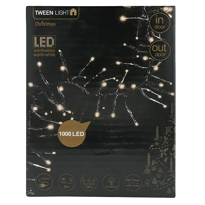 Tween Light LED-Clusterlichterkette 8 Funktionen - Außen, Länge: 12,4 m, 1.000 Stk., Netzbetrieben - Schwarze Verpackung für Tween Light Weihnachts-LED-Lichterkette, warmweiß, 1000 LEDs, 7,4m Länge, innen/außen mit Timerfunktion.