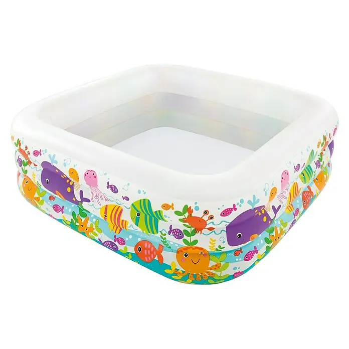 Intex Planschbecken Clearview - 159 x 159 x 50 cm - Ein quadratischer, aufblasbarer Kinderpool mit maritimem Design und Wasserfüllung, ideal für sommerlichen Badespaß im Garten.