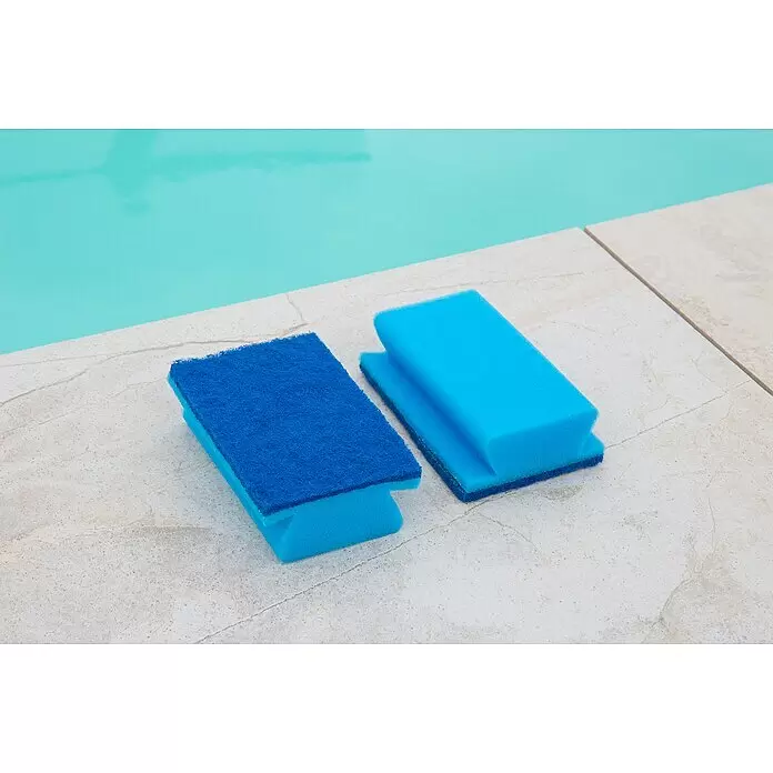 Steinbach Handschrubber - 2 Stk. - Zwei blaue Poolreinigungsschwämme am Poolrand.