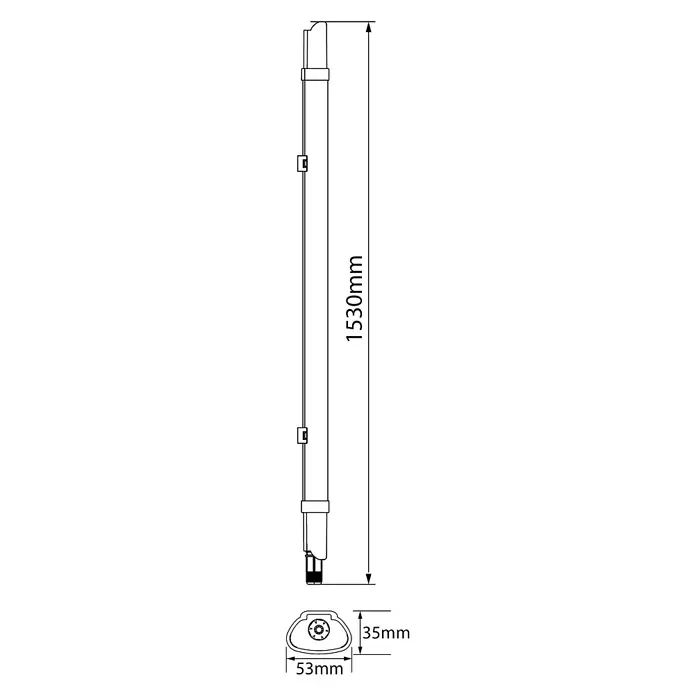Ritter Leuchten LED-Feuchtraumlichtleiste Super Slim - L x B x H: 153 x 5,3 x 3,5 cm, Lichtfarbe: Neutralweiß, 24 W, IP65 - Abbildung eines Stabes mit den Maßen 1530 mm Länge, 53 mm Breite und 35 mm Höhe.