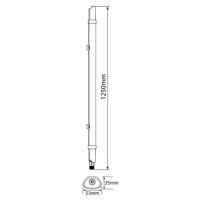 Ritter Leuchten LED-Feuchtraumlichtleiste Slim Pro - L x B x H: 116 x 4,3 x 3,3 cm, Lichtfarbe: Neutralweiß, 36 W, IP65 - Produktskizze eines 1250 mm langen Geräts mit einer Breite von 53 mm und einer Höhe von 35 mm. Detailgenaue Darstellung für Installationszwecke.