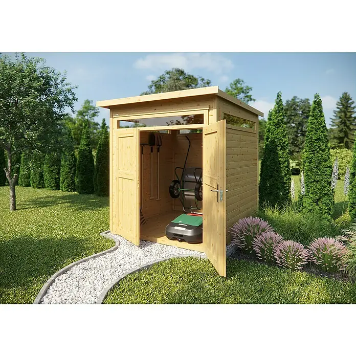 Weka Gartenhaus 265 Gr. 1 - Außenmaß inkl. Dachüberstand (B x T): 220 x 161 cm, Holz, Natur - Gartenschuppen aus Holz mit geöffneten Türen, darin Rasenmäher und Gartengeräte. Der Schuppen steht auf einem gepflegten Rasen.