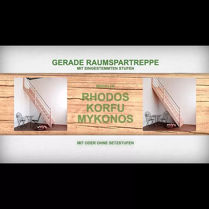 Starwood Raumspartreppe MykonosBreite: 81 cm, Buche, Geschosshöhe: 280 cm, Gerade, Montageseite Geländer: Rechts, Geländer Holz/Edelstahl, Mit Setzstufen - Gerade Raumspartreppe Rhodos, Korfu, Mykonos | Montageanleitung | StarWood Treppenshop
