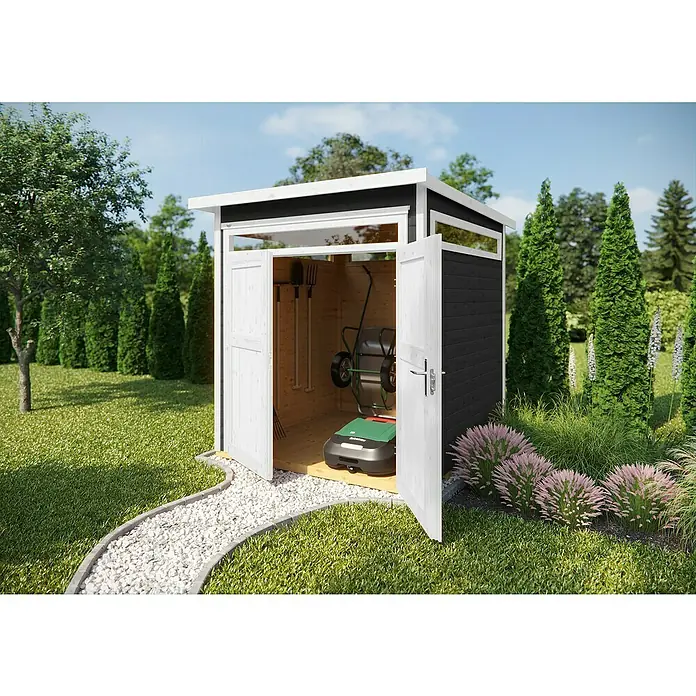 Weka Gartenhaus 265 Gr. 3 - Außenmaß inkl. Dachüberstand (B x T): 247 x 286 cm, Holz, Anthrazit - Schuppen mit Gartengeräten und Rasenmäher. Der Schuppen ist schwarz-weiß und hat geöffnete Türen, die einen Blick auf die Gartengeräte freigeben.