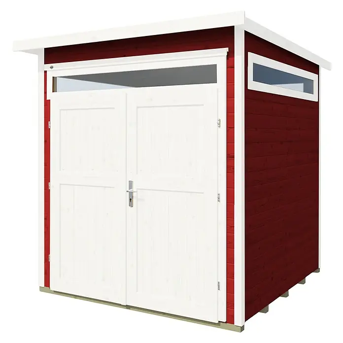 Weka Gartenhaus 265 Gr. 1 - Außenmaß inkl. Dachüberstand (B x T): 220 x 161 cm, Holz, Schwedenrot - Ein geräumiges, rot gestrichenes Gartenhaus mit weißen Doppeltüren und Oberlichtern für zusätzlichen Lichteinfall.