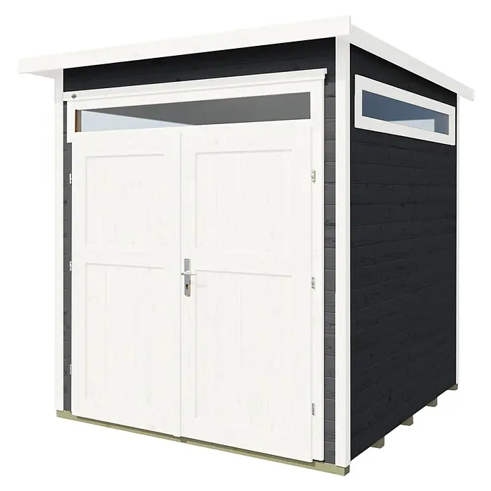 Weka Gartenhaus 265 Gr. 1 - Außenmaß inkl. Dachüberstand (B x T): 220 x 161 cm, Holz, Anthrazit - Schwarzer Holzschuppen mit weißen Doppeltüren und Fenstern, ideal für die Gartenaufbewahrung.