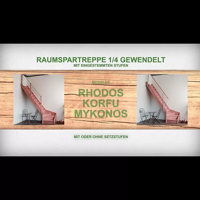 Starwood Raumspartreppe Korfu - Breite: 84 cm, Fichte, Geschosshöhe: 300 cm, 1/4-gewendelt rechts, Montageseite Geländer: Wahlweise links/rechts, Designgeländer Holzrundstäbe, Ohne Setzstufen - Raumspartreppe 1/4 gewendelt Rhodos, Korfu, Mykonos| Montageanleitung | StarWood Treppenshop