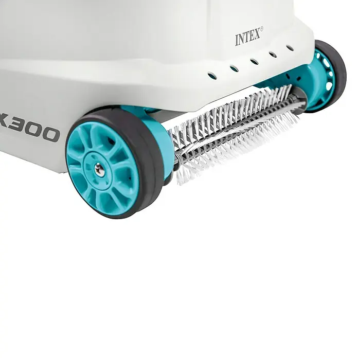 Intex Poolroboter Deluxe Auto Pool Cleaner ZX300 - Hydraulisch, Passend für: Intex Pools bis 50 m³, Filterleistung: 13 m³/h - Nahaufnahme eines Intex Poolreinigungsroboters mit Bürste und Rädern, ideal für die effiziente Poolreinigung.