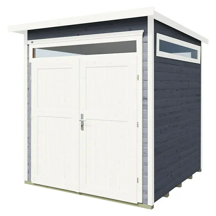 Weka Gartenhaus 265 Gr. 3 - Außenmaß inkl. Dachüberstand (B x T): 247 x 286 cm, Holz, Grau - Ein modernes Gartenhaus in dunklem Holz mit weißen Türen und Fenstern, ideal für die Aufbewahrung von Gartengeräten und Werkzeugen.