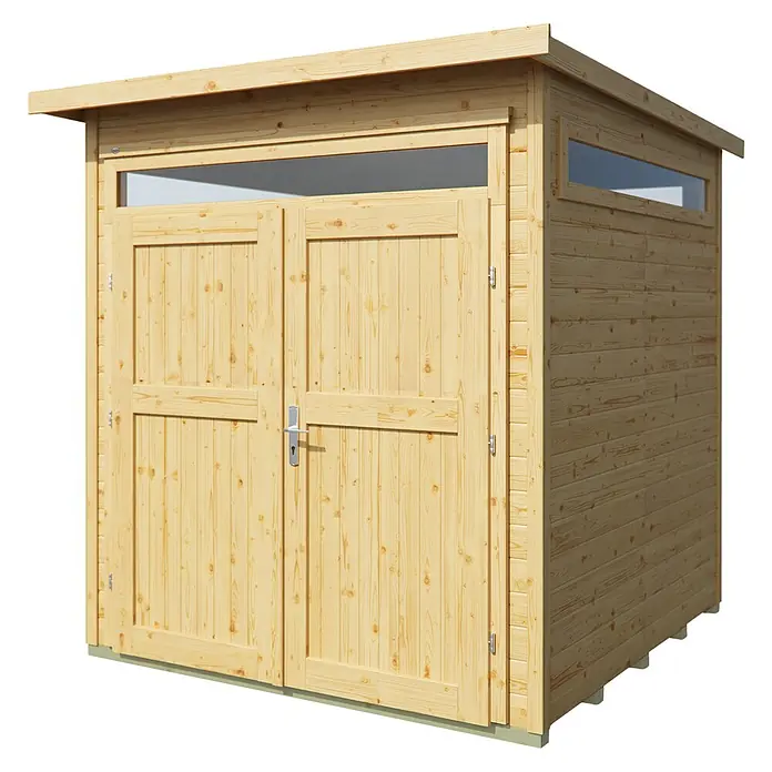 Weka Gartenhaus 265 Gr. 3 - Außenmaß inkl. Dachüberstand (B x T): 247 x 286 cm, Holz, Natur - Abbildung eines Holzschuppens mit Doppeltüren und Fenstern. Praktischer Lagerraum für den Garten.