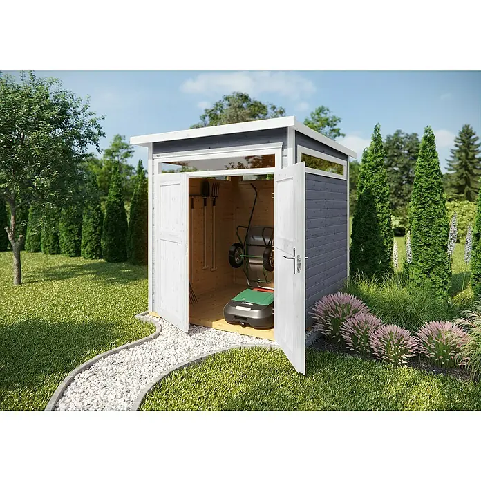 Weka Gartenhaus 265 Gr. 3 - Außenmaß inkl. Dachüberstand (B x T): 247 x 286 cm, Holz, Grau - Das Gartenhaus mit Doppeltür bietet Stauraum für Gartengeräte wie Rasenmäher und Werkzeug. Die graue Farbe fügt sich gut in jeden Garten ein.