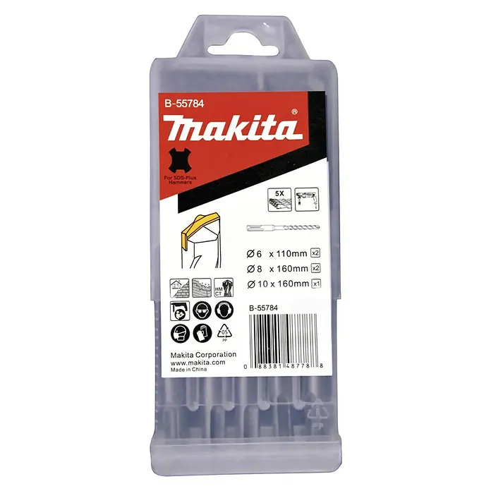 Makita Kombihammer HR2470BX40 - 780 W, 2,4 J, SDS-Plus-Aufnahme - Makita B-55784 SDS-Plus Hammerbohrer-Set mit 5 Bohrern in verschiedenen Größen für vielseitige Bohrarbeiten in Mauerwerk und Beton.