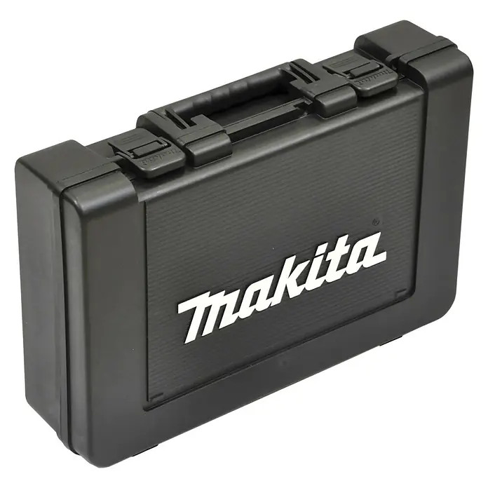 Makita Kombihammer HR2470BX40 - 780 W, 2,4 J, SDS-Plus-Aufnahme - Ein schwarzer Makita-Werkzeugkasten mit weißem Logo und Tragegriff, ideal für die Aufbewahrung und den Transport von Werkzeugen.