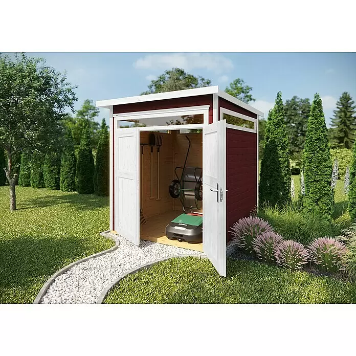Weka Gartenhaus 265 Gr. 3 - Außenmaß inkl. Dachüberstand (B x T): 247 x 286 cm, Holz, Schwedenrot - Roter Holz-Gartenschuppen mit offenen weißen Türen, der einen Rasenroboter, eine Schubkarre und Werkzeuge zeigt. Steht auf einem Kiesweg in einem grünen Garten.