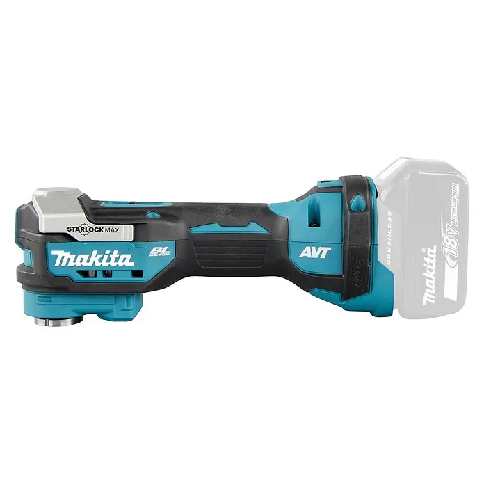 Makita LXT 18V Akku-Multifunktionswerkzeug DTM52 - 18 V, Ohne Akku - Eine Nahaufnahme eines oszillierenden Makita-Multifunktionswerkzeugs mit StarLock Max und 18V-Lithium-Ionen-Akku für verschiedene Anwendungen.
