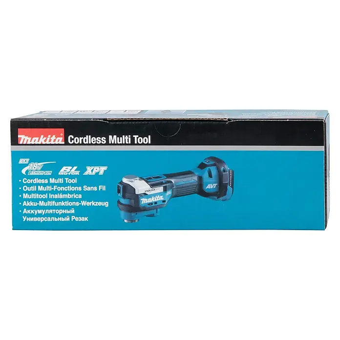 Makita LXT 18V Akku-Multifunktionswerkzeug DTM52 - 18 V, Ohne Akku - Abbildung der Makita Akku-Multifunktionswerkzeug-Verpackung mit blauem Design und Produktinformationen.