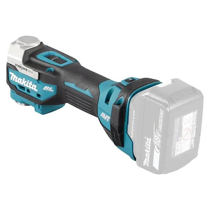 Makita LXT 18V Akku-Multifunktionswerkzeug DTM52 - 18 V, Ohne Akku - Das Bild zeigt ein Makita Starlock Max Multifunktionswerkzeug mit Akku. Das Werkzeug ist blaugrün, schwarz und silber und der Akku ist grau.