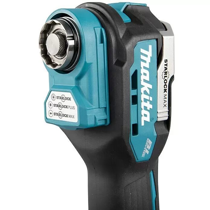 Makita LXT 18V Akku-Multifunktionswerkzeug DTM52 - 18 V, Ohne Akku - Türkis-schwarzer Makita Oszillierer-Kopf mit Starlock-, Starlock Plus- und Starlock Max-Kompatibilität und Schnellwechselaufnahme.