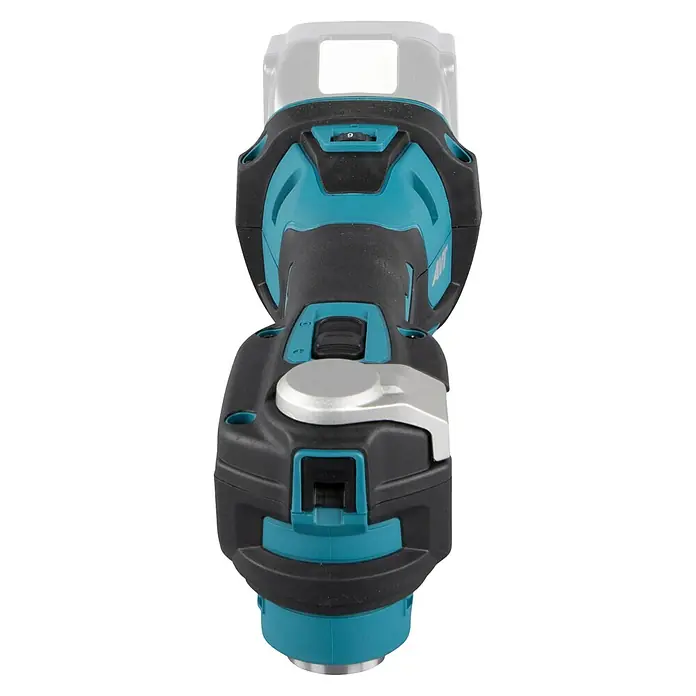 Makita LXT 18V Akku-Multifunktionswerkzeug DTM52 - 18 V, Ohne Akku - Nahaufnahme eines akkubetriebenen Multifunktionswerkzeugs mit blaugrünen Akzenten, das sich durch seine kompakte Bauweise und vielseitigen Einsatzmöglichkeiten auszeichnet.