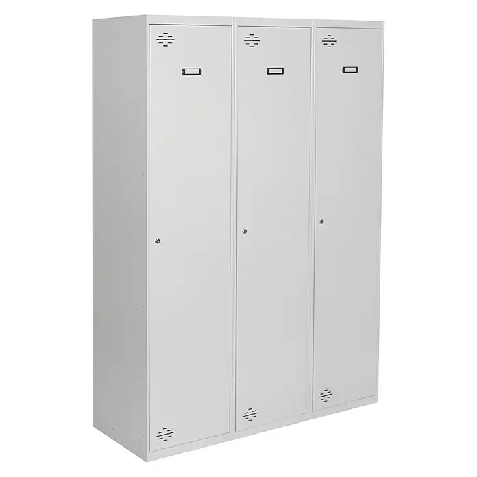 Simonrack Simonlocker Taquilla Prof. Single-Divider - L x An x Al: 50 x 120 x 180 cm, Número de puertas: 3 ud., Gris/Gris - Imagen de un armario metálico blanco de tres puertas, ideal para el almacenamiento, con orificios de ventilación y manijas.