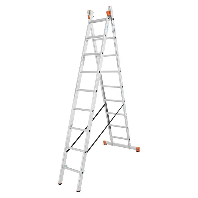 Krause Mehrzweckleiter Dubilo - Arbeitshöhe: 5,25 m, Anzahl Tritte: 18 Stk., Belastbarkeit: 150 kg, Aluminium - Bild einer silbernen KRAUSE Doppel-Sprossenleiter mit orangefarbenen Details vor schwarzem Hintergrund. Ideal für den sicheren Einsatz.