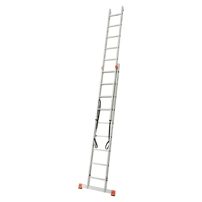 Krause Mehrzweckleiter Dubilo - Arbeitshöhe: 5,25 m, Anzahl Tritte: 18 Stk., Belastbarkeit: 150 kg, Aluminium - Bild einer ausziehbaren Aluminiumleiter mit roten Fußkappen, die für verschiedene Höhen und Arbeiten geeignet ist.
