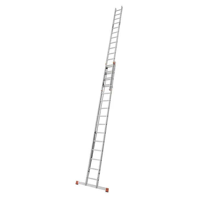 Krause Monto Seilzugleiter Robilo - Anzahl Tritte: 30 Stk., Arbeitshöhe: 8,45 m, Aluminium - Silberne Ausziehleiter mit orangefarbenen Füßen, ideal für Bau- und Renovierungsarbeiten. Praktisch und sicher für verschiedene Höhen.