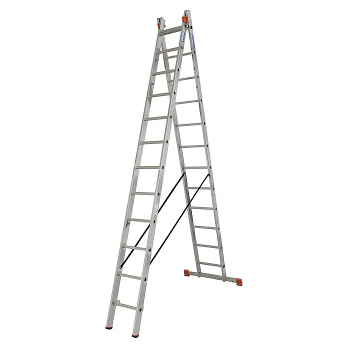 Krause Mehrzweckleiter Dubilo - Arbeitshöhe: 6,85 m, Anzahl Tritte: 24 Stk., Belastbarkeit: 150 kg, Aluminium - Eine silberne Klappleiter mit schwarzen Sicherungsbändern und orangefarbenen Enden, die Stabilität und Sicherheit bietet.