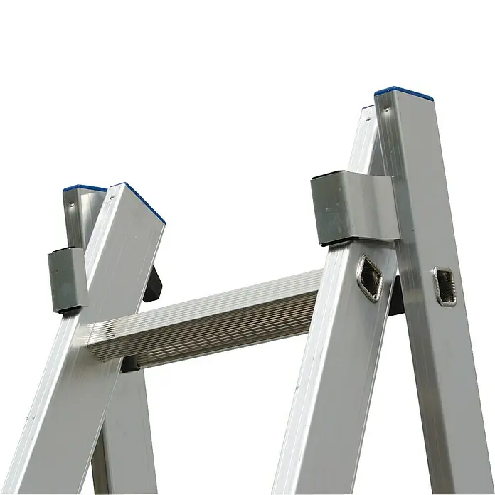 Krause Stabilo Mehrzweckleiter - Anzahl Tritte: 18 Stk., Arbeitshöhe: 5,25 m, Aluminium - Detailaufnahme einer silbernen Trittleiter, die Stabilität und Funktionalität für diverse Arbeiten verspricht.
