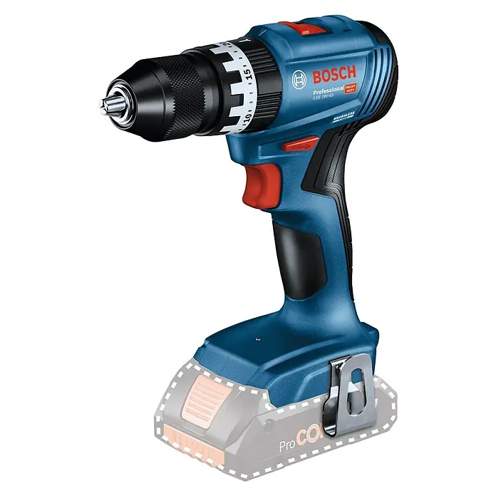 Bosch Professional AMPShare 18V Taladro atornillador percutor de batería GSB 18V-45 - 18 V, 2 baterías, 2 Ah - 4 Ah - Taladro combinado inalámbrico Bosch GSB 18V-45 Professional azul con mandril negro y gatillo rojo.