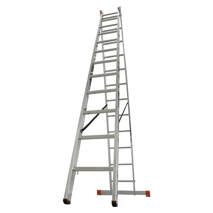 Krause Mehrzweckleiter Dubilo - Arbeitshöhe: 6,85 m, Anzahl Tritte: 24 Stk., Belastbarkeit: 150 kg, Aluminium - Silberne Mehrzweckleiter mit orangefarbenen Akzenten, die auf einem schwarzen Hintergrund steht, ideal für verschiedene Aufgaben.