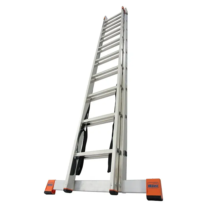 Krause Mehrzweckleiter Dubilo - Arbeitshöhe: 5,25 m, Anzahl Tritte: 18 Stk., Belastbarkeit: 150 kg, Aluminium - Eine professionelle, hochaufragende Krause-Leiter mit orangefarbenen Füßen auf einem schwarzen Hintergrund.
