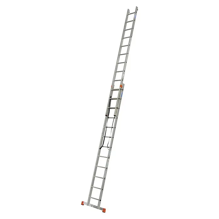 Krause Mehrzweckleiter Dubilo - Arbeitshöhe: 6,85 m, Anzahl Tritte: 24 Stk., Belastbarkeit: 150 kg, Aluminium - Bild einer ausziehbaren Aluminiumleiter mit orangefarbenen Füßen vor einem schwarzen Hintergrund. Die Leiter ist in voller Länge ausgefahren.