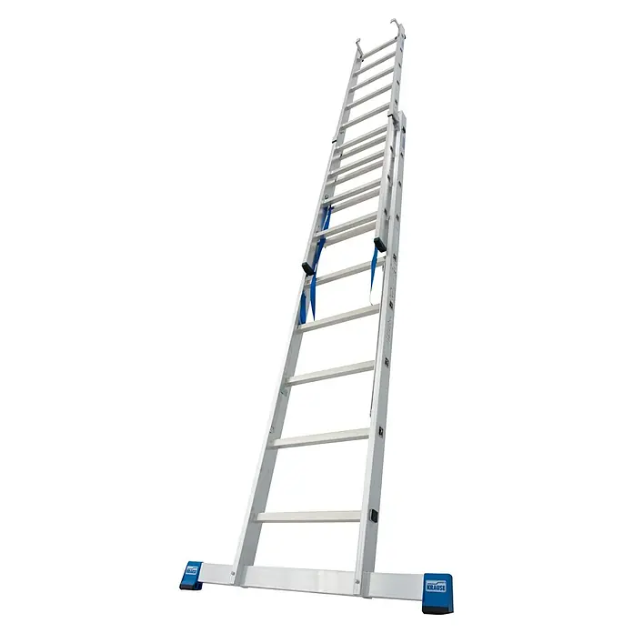 Krause Stabilo Mehrzweckleiter - Anzahl Tritte: 27 Stk., Arbeitshöhe: 6,85 m, Belastbarkeit: 150 kg, Aluminium - Eine silberne Mehrzweckleiter von Krause, die auf einem schwarzen Hintergrund steht. Die Leiter hat blaue Details und mehrere Sprossen.
