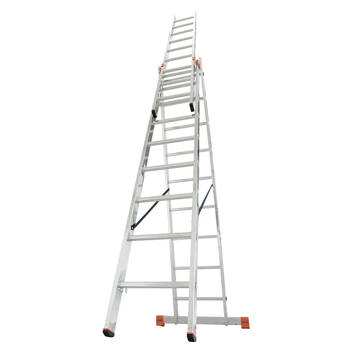 Krause Monto Mehrzweckleiter Tribilo - Arbeitshöhe: 6,85 m, Anzahl Tritte: 27 Stk., Belastbarkeit: 150 kg, Aluminium - Eine ausziehbare Aluminiumleiter, die als Stehleiter und Anlegeleiter verwendet werden kann, steht vor einem schwarzen Hintergrund.