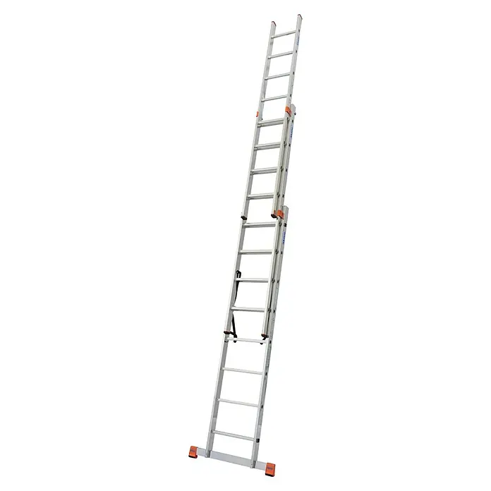 Krause Monto Mehrzweckleiter Tribilo - Arbeitshöhe: 6,05 m, Anzahl Tritte: 24 Stk., Belastbarkeit: 150 kg, Aluminium - Das Bild zeigt eine ausziehbare Aluminiumleiter mit Sprossen und orangefarbenen Akzenten vor einem schwarzen Hintergrund.